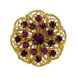 Vintage Faux Amethyst Purple Crystal Filigree Gold Tone Brooch
